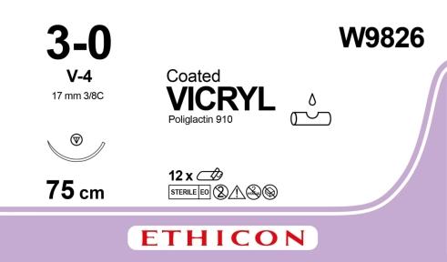 VICRYL непофарбований 75см M2 USP3/0 одна голка V-4, тип колючо-ріжуча Tapercut, 17мм, 3/8 кола
